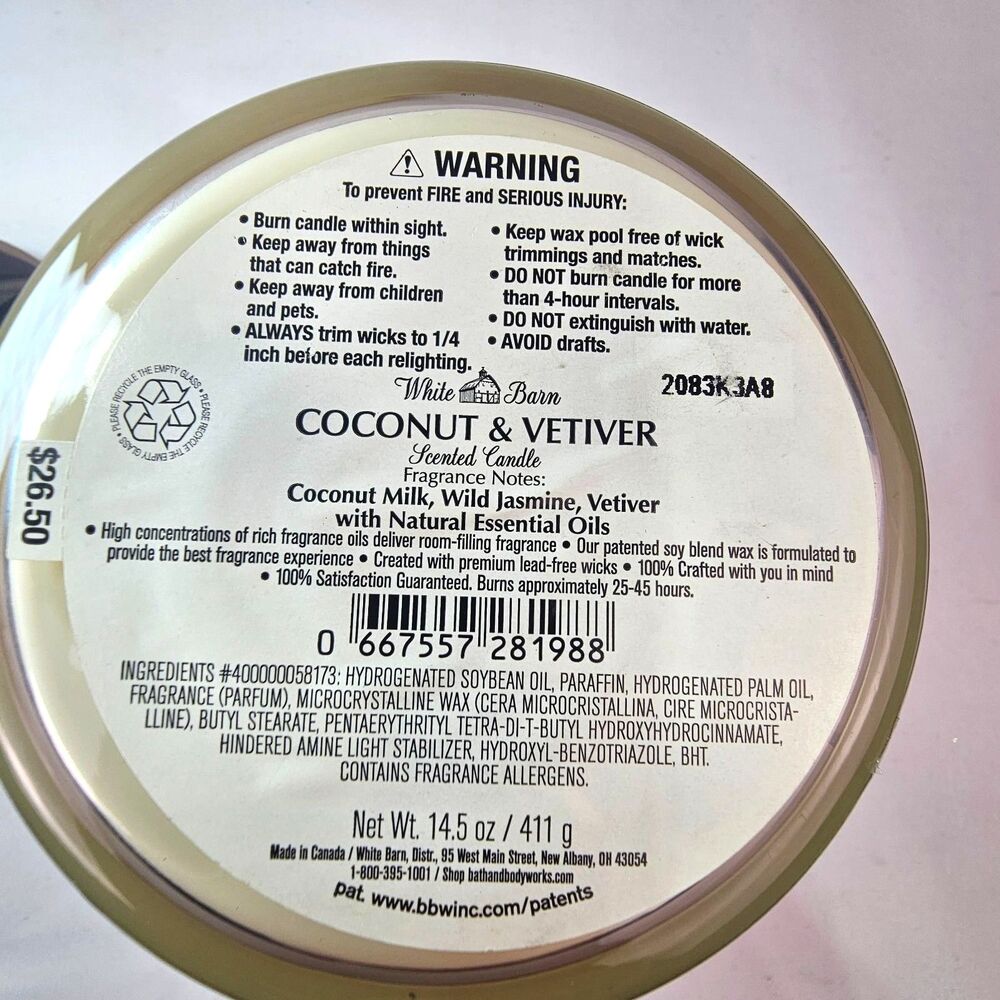 Bath & Body Works White Barn Coconut Vetiver 3 Wick Candle 14.5 oz NewB - Picture 6 of 6